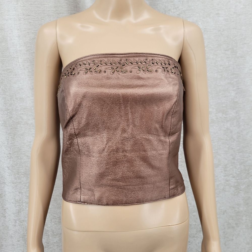 David Benjamin Leather Corset Tube Strapless Top Beading Metallic Bronze Copper